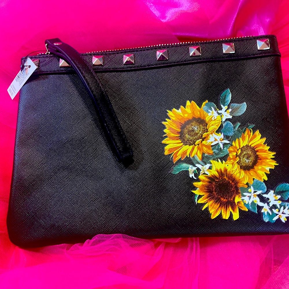 White House Black Market Black Sunflower Clutch Purse 9 x 7 in NWT New